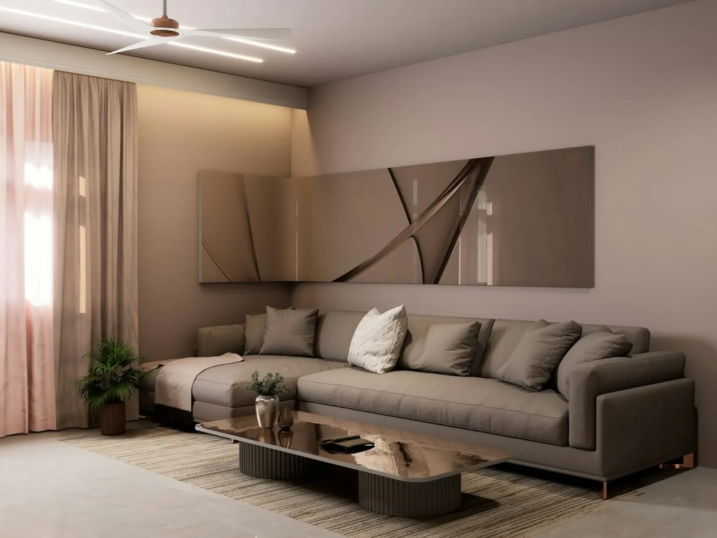 New apartment living room with a grey sofa