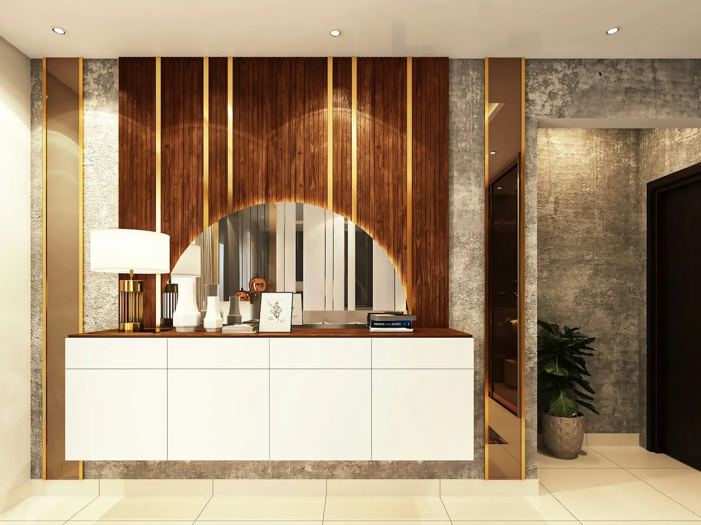 Office reception with an arched feature wall