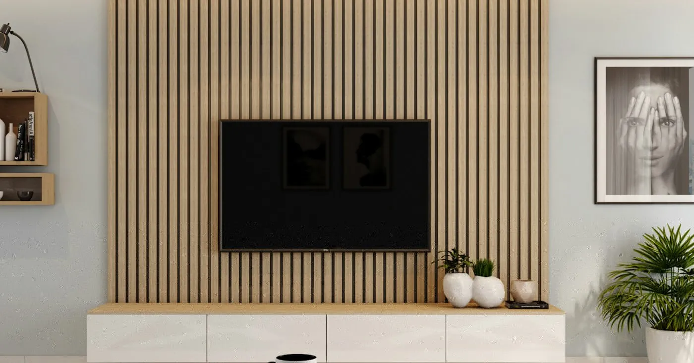 Living room with a wooden slat TV wall